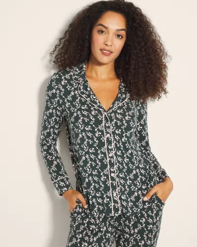 Soma Women's Cool Nights Long Sleeve Printed Pajama Top In Green Size Large |  Pajama Sets In Tiny Petals Dk Everglade