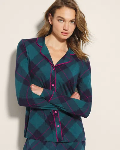 Soma Women's Cool Nights Long Sleeve Printed Pajama Top In Green Size Xs |  Pajama Sets In Bundle Up Plaid Bias Teal