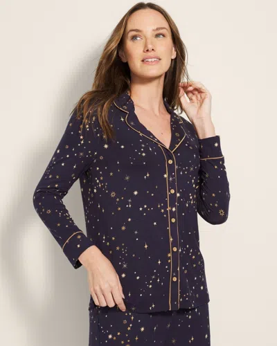 Soma Women's Cool Nights Long Sleeve Printed Pajama Top In Navy Blue Size Medium |  Pajama Sets In Ready To Glow Navy