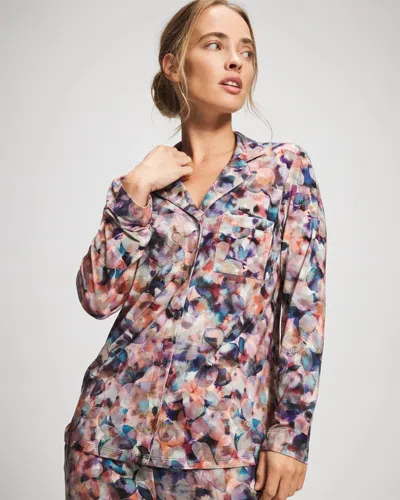 Soma Women's Cool Nights Long-sleeve Button Up Pajama Top In Blue Size Xs |  Pajama Sets In Petal Mosaic Petrol