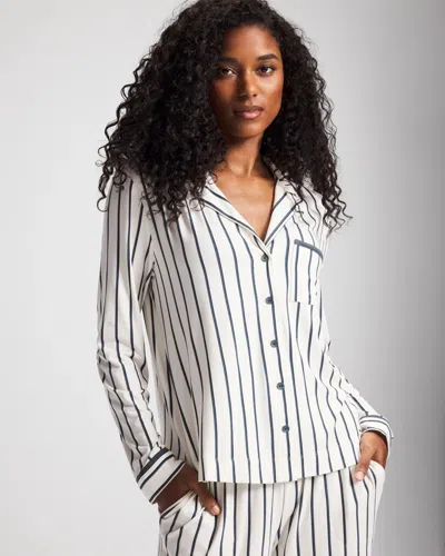 Soma Women's Cool Nights Long-sleeve Button Up Pajama Top In Ivory Size Xs |  Pajama Sets In Unwind Stripe Champagne