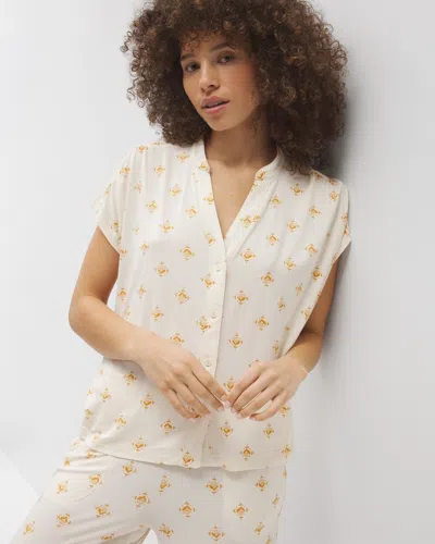 Soma Women's Cool Nights Mandarin Collar Short Sleeve Pajama Top In Ivory Size Xs |  Mother's Day Paj