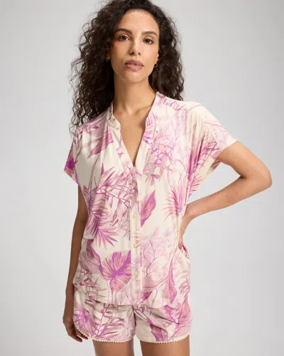 Soma Women's Cool Nights Mandarin Collar Short Sleeve Pajama Top In Ivory Size Xs |  Pajama Sets In Tropical Radiance White