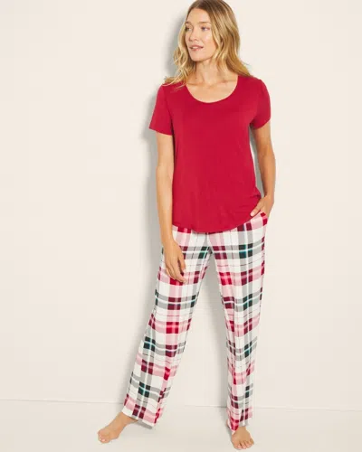 Soma Women's Cool Nights Short Sleeve + Pants Pajama Set In Ivory Size Medium |  In Snuggle Up Plaid M Champ