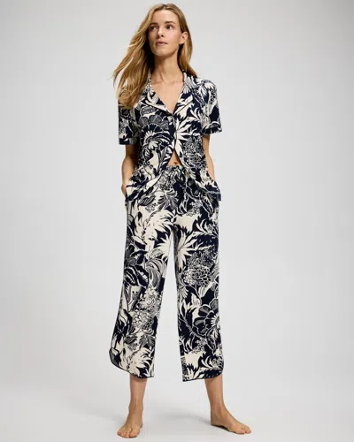 Soma Women's Cool Nights Piped Crop Pajama Pants In Ivory Size Xs |  Pajama Sets In Rainforest Petals W/smoke