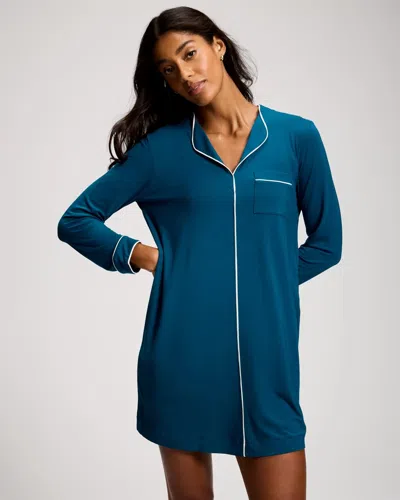 Soma Women's Cool Nights Piped Long-sleeve Nightgown In Blue Size Xs |  In Teal Next Time