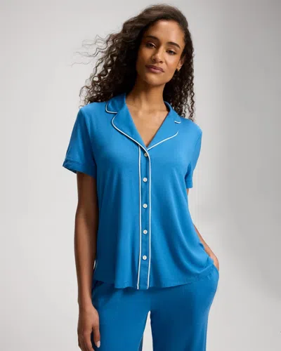 Soma Women's Cool Nights Piped Short Sleeve Button Up Pajama Top In Blue Size Xs |  Pajama Sets In Blue Passion