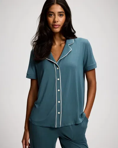 Soma Women's Cool Nights Piped Short Sleeve Button Up Pajama Top In Blue Size Xs |  Pajama Sets In Lunar Stone