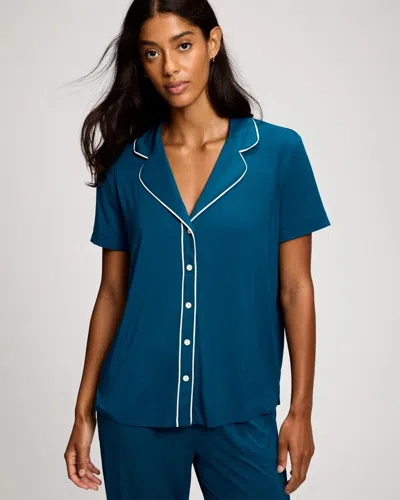 Soma Women's Cool Nights Piped Short Sleeve Button Up Pajama Top In Blue Size Xs |  Pajama Sets In Teal Next Time