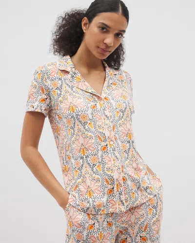Soma Women's Cool Nights Piped Short Sleeve Button Up Pajama Top In Ivory Size Small |  Pajama Sets