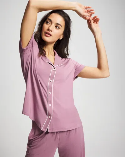 Soma Women's Cool Nights Piped Short Sleeve Button Up Pajama Top In Purple Size Medium |  Pajama Sets In Beach Plum