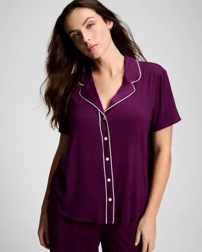 Soma Women's Cool Nights Piped Short Sleeve Button Up Pajama Top In Purple Size Xs |  Pajama Sets In Wicked Plum