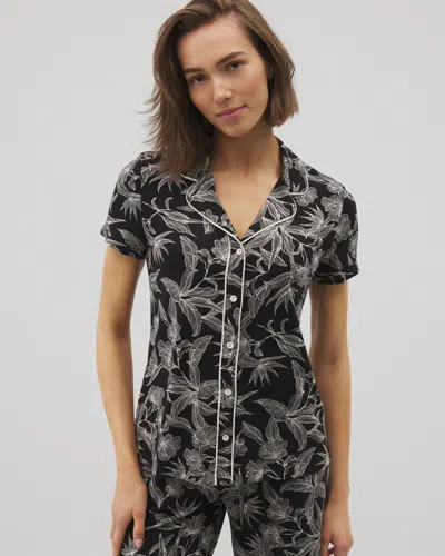 Soma Women's Cool Nights Piped Short Sleeve Notch Collar Pajama Top In Black Size Xs |  Mother's Day