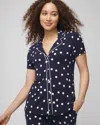 Soma Women's Cool Nights Piped Short Sleeve Notch Collar Pajama Top In Blue Size Medium |  Pajama Set In Merry Dot G Navy/ivory