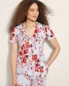 Soma Women's Cool Nights Piped Short Sleeve Notch Collar Pajama Top In Blue Size Small |  Pajama Sets In Foraged Floral Blue Mist