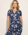 Soma Women's Cool Nights Piped Short Sleeve Notch Collar Pajama Top In Navy Blue Size Large |  Pajama In Phantom Floral Navy