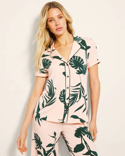 Soma Women's Cool Nights Piped Short Sleeve Notch Collar Pajama Top In Pink Size Xs |  Pajama Sets In Shadow Flora Apricotta