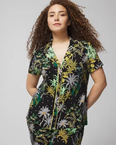 Soma Women's Cool Nights Piped Short Sleeve Notch Collar Pajama Top In Black Size Xs |  Pajama Sets In Oasis Palms Black/ws