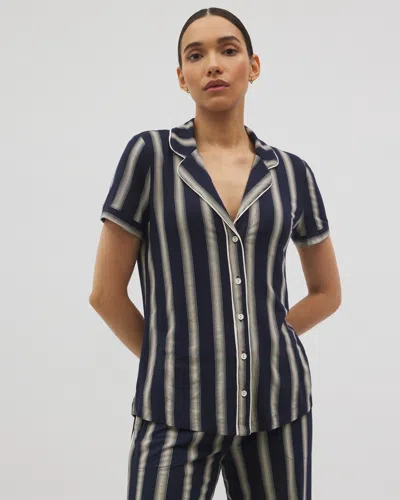 Soma Women's Cool Nights Piped Short Sleeve Notch Collar Pajama Top In Blue Size Large |  Mother's Da In Hampton Stripe Na Champ
