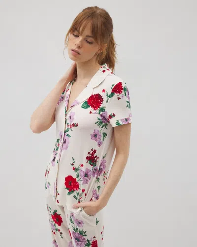 Soma Women's Cool Nights Piped Short Sleeve Notch Collar Pajama Top In Ivory Size Xs |  Pajama Sets In Rhapsody Floral Sugar