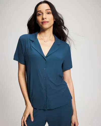 Soma Women's Cool Nights Rib Short Sleeve Button Up Pajama Top In Blue Size Xs |  Pajama Sets In Evening Sky
