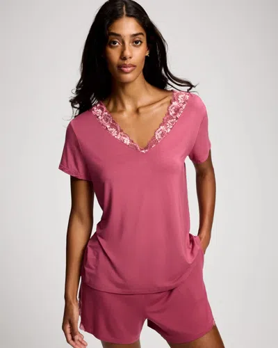 Soma Women's Cool Nights Romantic Lace Short Sleeve Pajama Top In Pink Size Medium |  Pajama Sets In Rose Flair