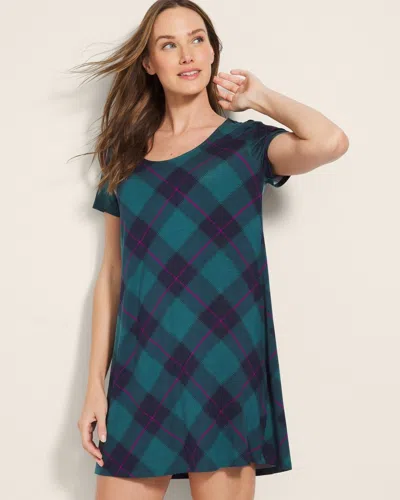 Soma Women's Cool Nights Short Sleeve Scoop Neck Nightgown In Green Size Medium |  In Bundle Up Plaid Bias Teal