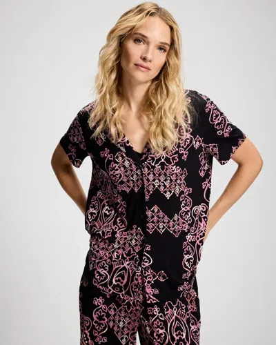 Soma Women's Cool Nights Short Sleeve Button Up Pajama Top In Black Size Medium |  Pajama Sets In Hilltown Charm Black