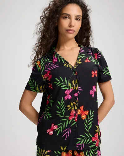Soma Women's Cool Nights Short Sleeve Button Up Pajama Top In Black Size Xs |  Pajama Sets In Celestial Garden Black