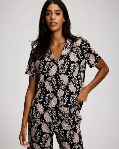 Soma Women's Cool Nights Short Sleeve Button Up Pajama Top In Black Size Xs |  Pajama Sets In Eclipse Floral Black