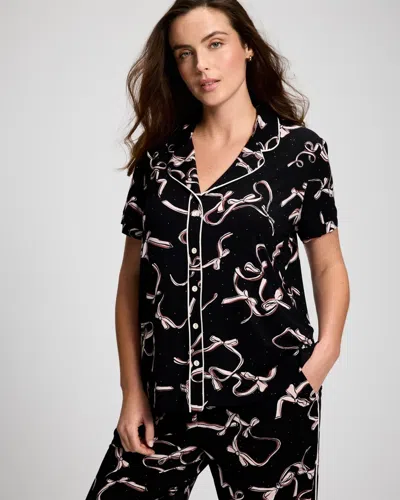Soma Women's Cool Nights Short Sleeve Button Up Pajama Top In Black Size Xs |  Pajama Sets In Heart Strings Black
