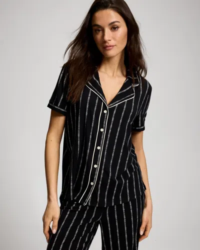Soma Women's Cool Nights Short Sleeve Button Up Pajama Top In Black Size Xs |  Pajama Sets In Whimsical Stripe Blk/ch