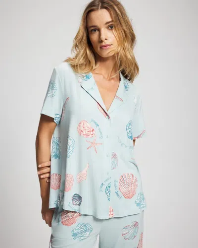 Soma Women's Cool Nights Short Sleeve Button Up Pajama Top In Blue Size Medium |  Pajama Sets In Seashell Serenade T Blue