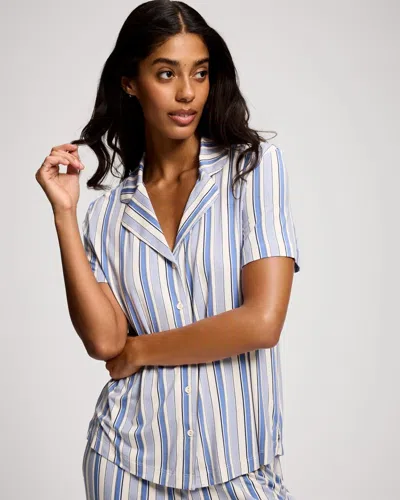 Soma Women's Cool Nights Short Sleeve Button Up Pajama Top In Blue Size Small |  Pajama Sets In Estate Stripe Blues