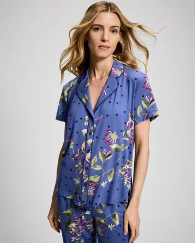 Soma Women's Cool Nights Short Sleeve Button Up Pajama Top In Blue Size Small |  Pajama Sets In Songbird Floral Thistle