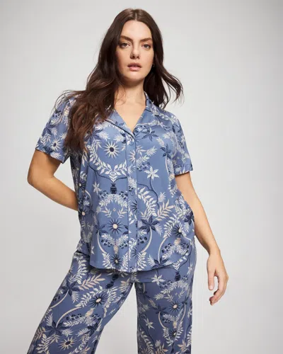 Soma Women's Cool Nights Short Sleeve Button Up Pajama Top In Blue Size Xs |  Pajama Sets In Botanical Tile Sundown