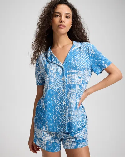 Soma Women's Cool Nights Short Sleeve Button Up Pajama Top In Blue Size Xs |  Pajama Sets In Coastal Collage Blue