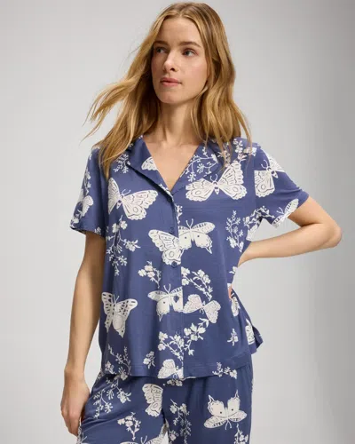 Soma Women's Cool Nights Short Sleeve Button Up Pajama Top In Blue Size Xs |  Pajama Sets In Monarch Garden Indigo