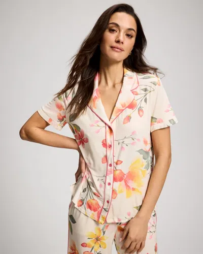 Soma Women's Cool Nights Short Sleeve Button Up Pajama Top In Ivory Size Medium |  Pajama Sets In Radiant Blooms G Champ
