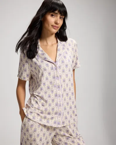 Soma Women's Cool Nights Short Sleeve Button Up Pajama Top In Ivory Size Small |  Pajama Sets In Timeless Tile Champagne