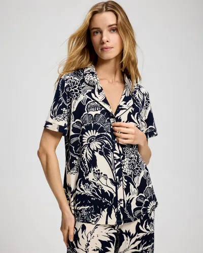 Soma Women's Cool Nights Short Sleeve Button Up Pajama Top In Ivory Size Xs |  Pajama Sets In Rainforest Petals W/smoke