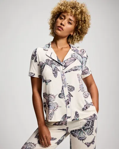 Soma Women's Cool Nights Short Sleeve Button Up Pajama Top In Ivory Size Xs |  Pajama Sets In Wistful Wings Champagne