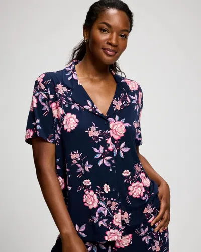 Soma Women's Cool Nights Short Sleeve Button Up Pajama Top In Navy Blue Size Small |  Pajama Sets In Juliet Floral Navy