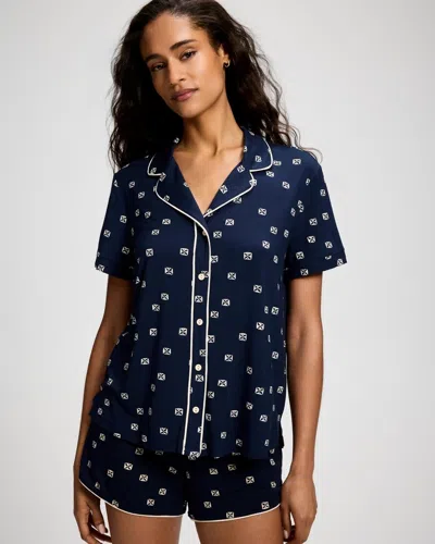 Soma Women's Cool Nights Short Sleeve Button Up Pajama Top In Navy Blue Size Xs |  Pajama Sets In Rainforest Icon Navy