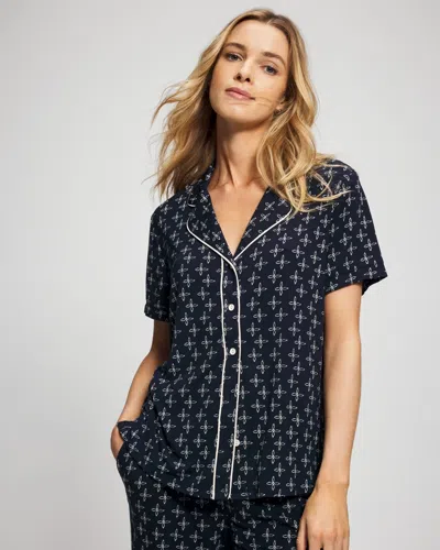 Soma Women's Cool Nights Short Sleeve Button Up Pajama Top In Navy Blue Size Xs |  Pajama Sets In Windsor Charm Navy