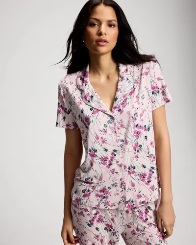 Soma Women's Cool Nights Short Sleeve Button Up Pajama Top In Purple Size Xs |  Pajama Sets In Arte Nova Floral Violet