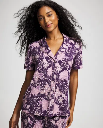 Soma Women's Cool Nights Short Sleeve Button Up Pajama Top In Purple Size Xs |  Pajama Sets In Butterfly Bloom Berry