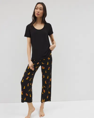 Soma Women's Cool Nights Short Sleeve + Cropped Pajama Pants Set In Black Size Small |  In Feline Fun Mid Blk