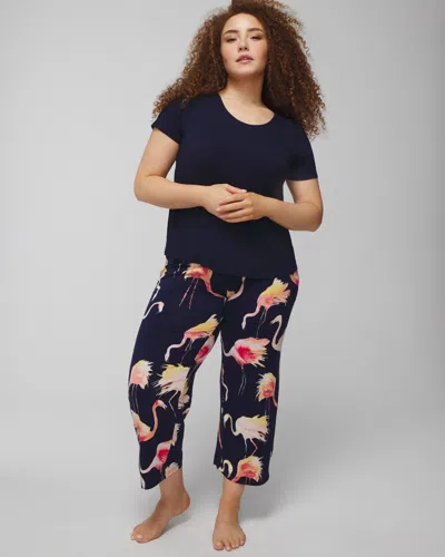 Soma Women's Cool Nights Short Sleeve + Cropped Pajama Pants Set In Flamingle Sm Navy Size Xs |