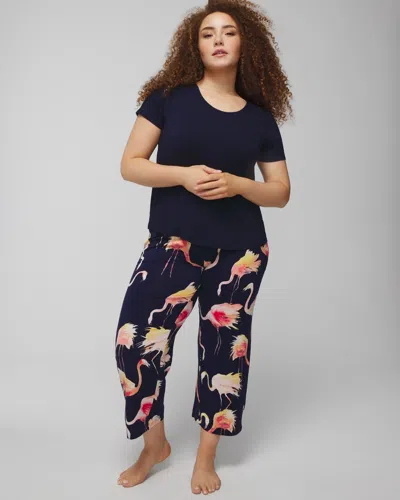 Soma Women's Cool Nights Short Sleeve + Cropped Pajama Pants Set In Flamingle Sm Navy Size Medium |